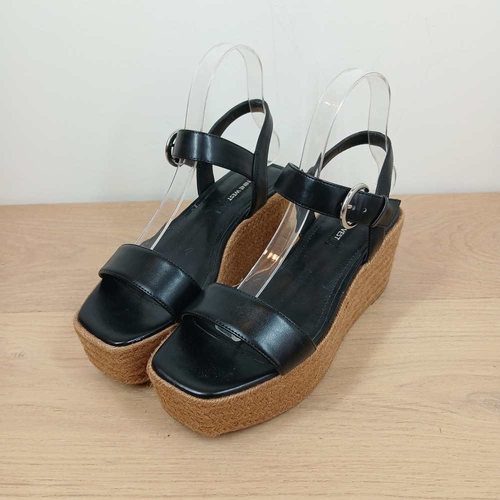 Nine West Women's 7 Black Faux Leather Espadrille Platform Wedge Sandals Buckle